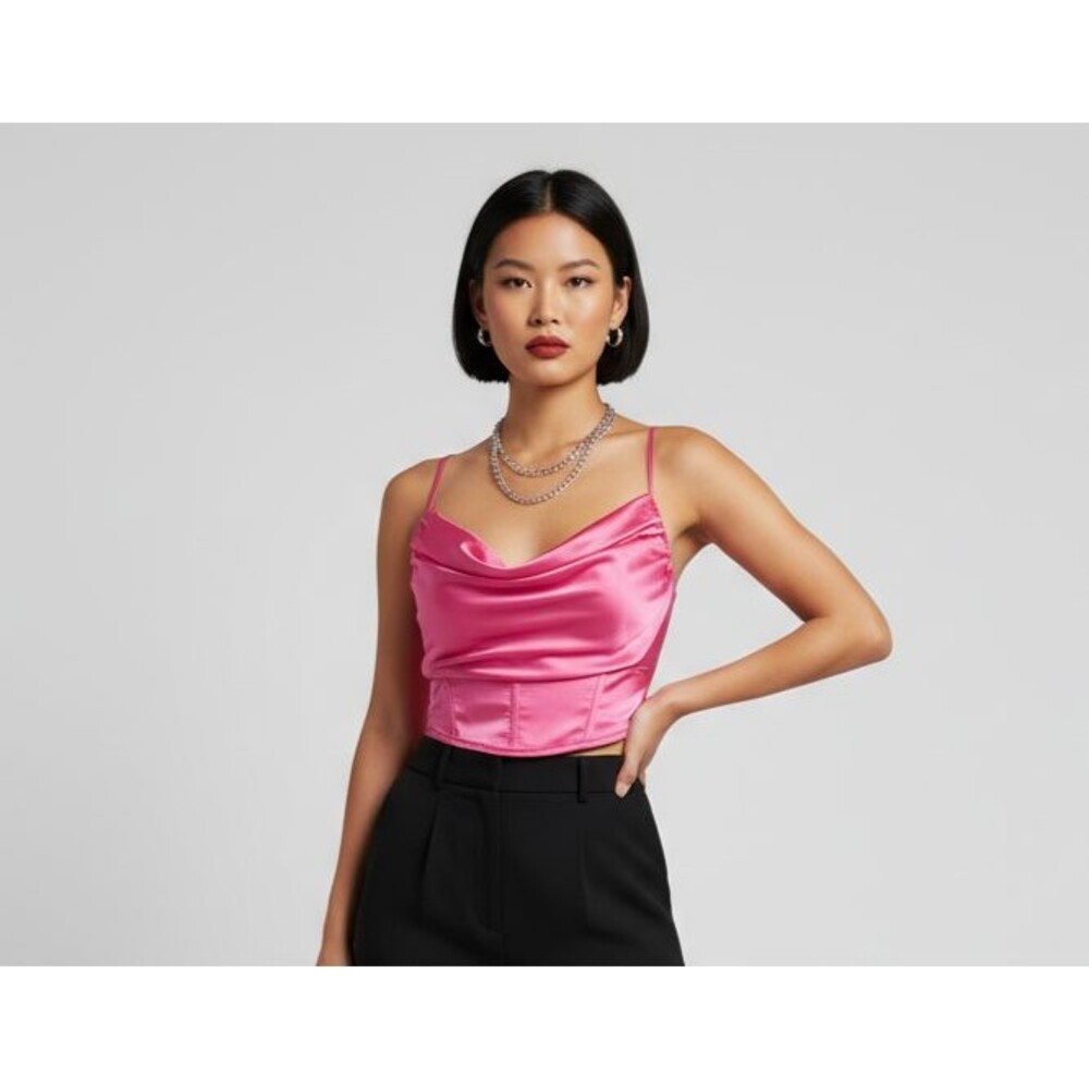 ❤️Women's Xsmall Satin Pink Cowl Neck Corset Crop Top Barbiecore Party Y2K❤️